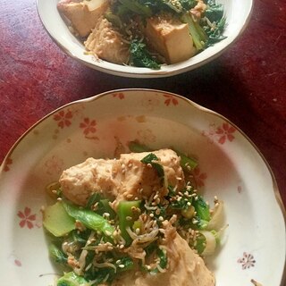 小松菜とシラスと豆腐の炒め物。